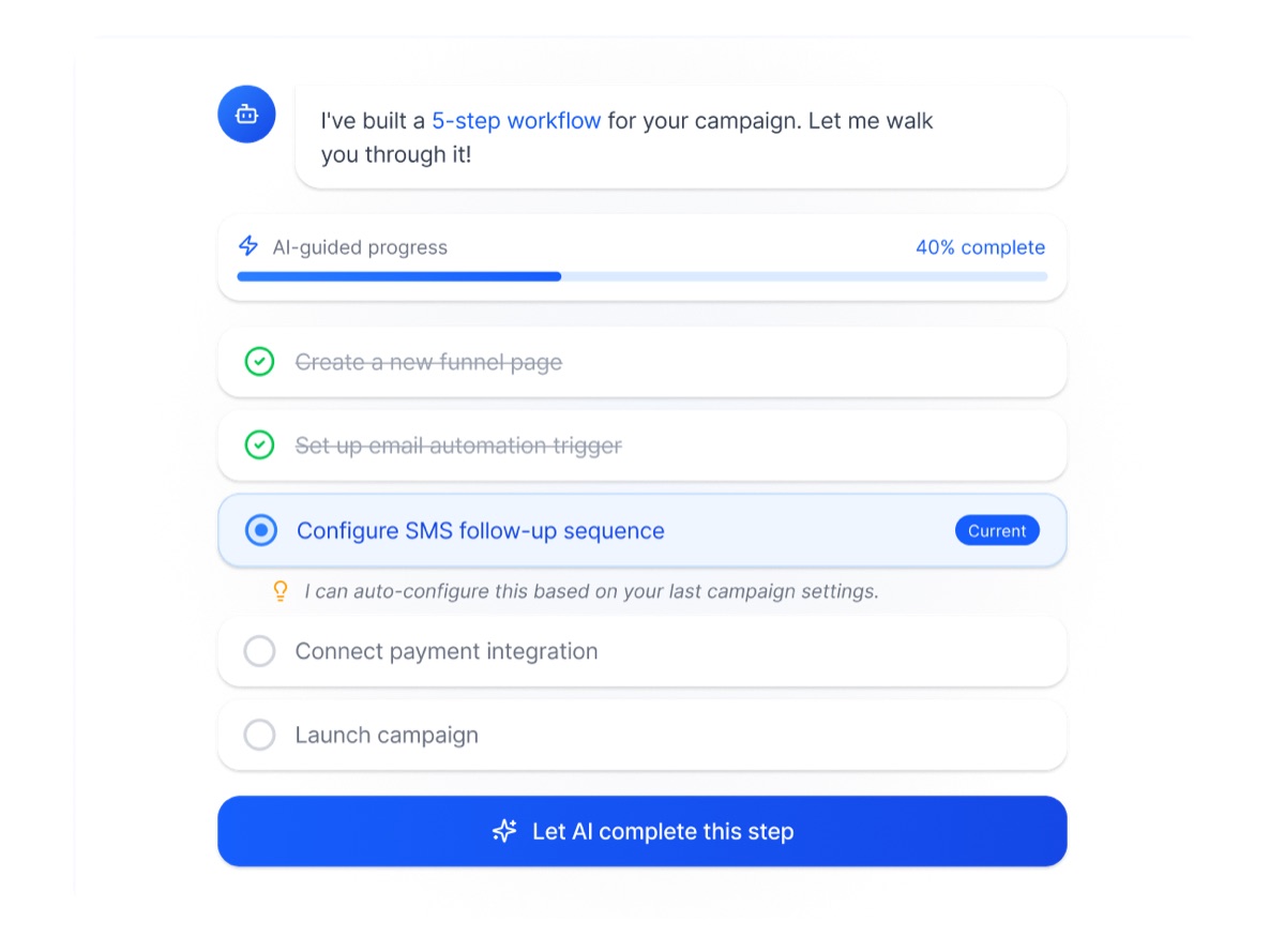 Workflow AI de HighLevel construisant un workflow de campagne en cinq étapes